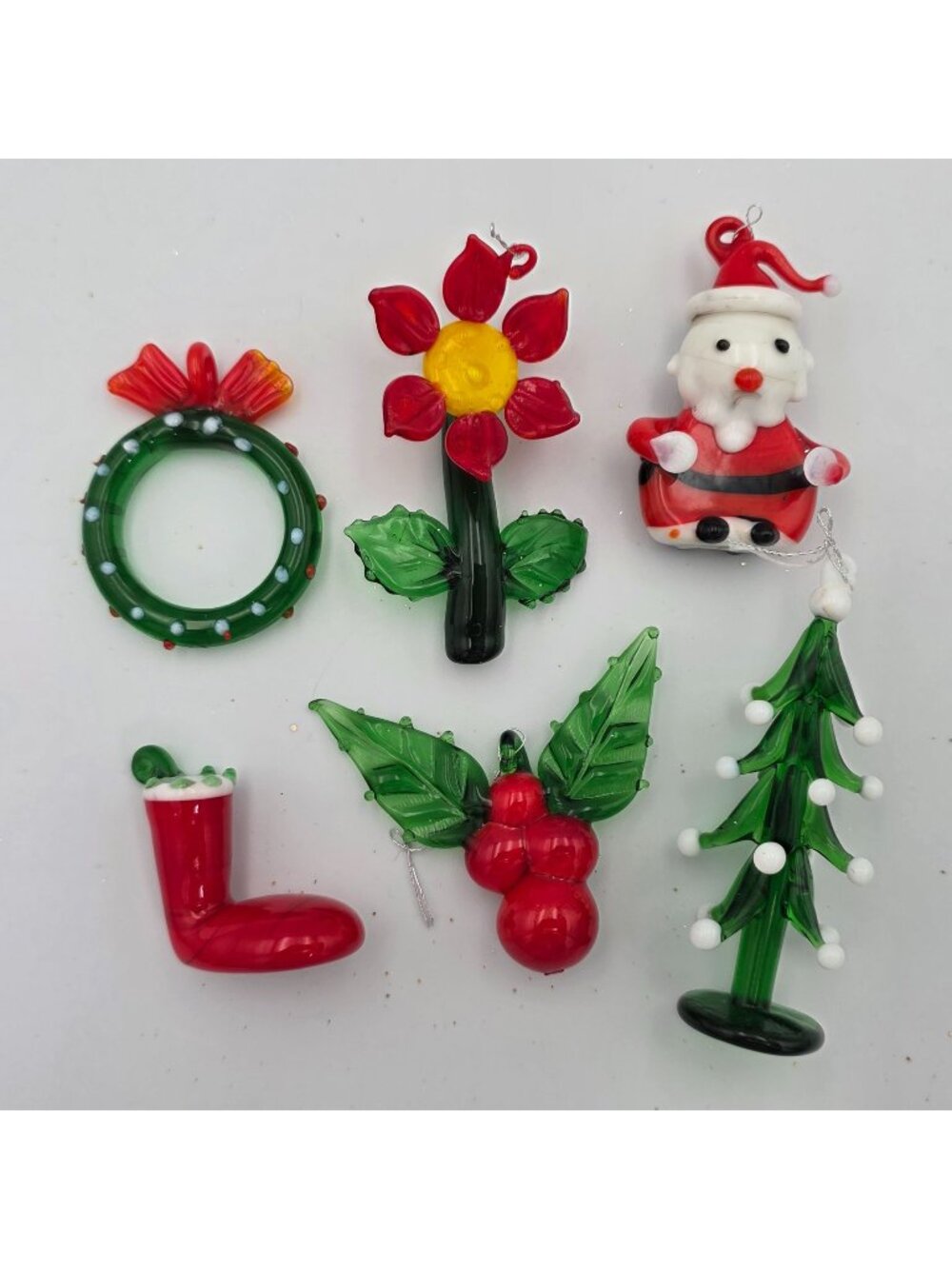 Handmade Glass Christmas Ornaments Santa Tree Wreath Flower Boot Holly Berry